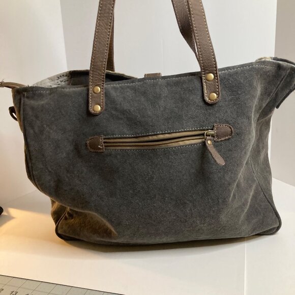 Myra Bag The Mystique Messenger Bag Tan Brown Canvas Leather 16 x 12 x 3" appx - Picture 3 of 10